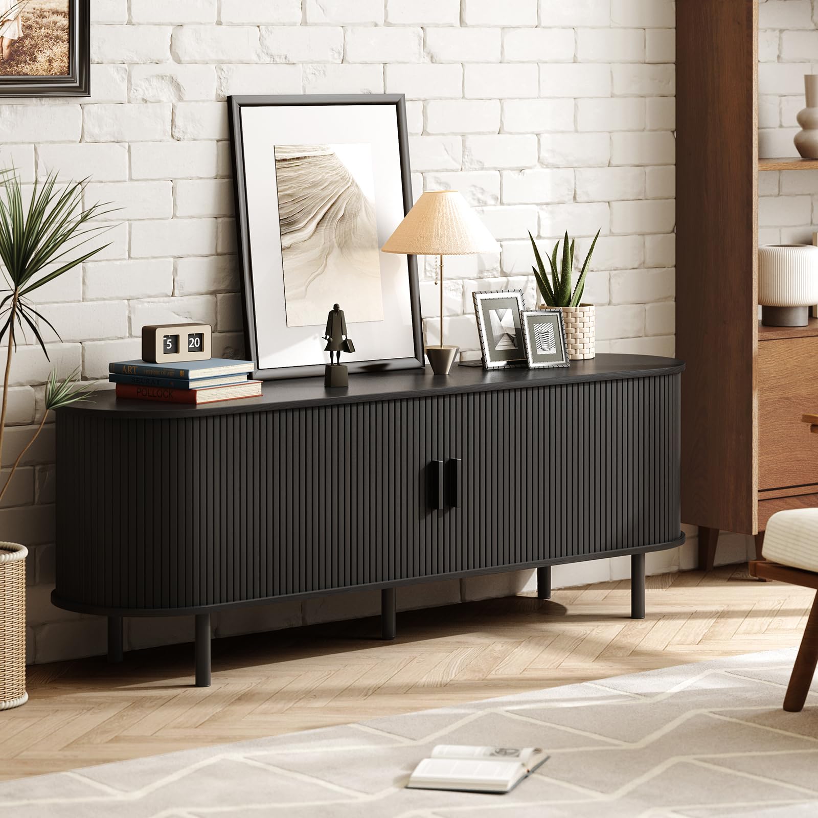 ONBRILL 70.8" TV Stand with Power Outlet for TVs up to 75 Inch, Entertainment Center with Storage and Adjustable Shelves, Modern Media Console with Sliding Doors for Living Room, Walnut