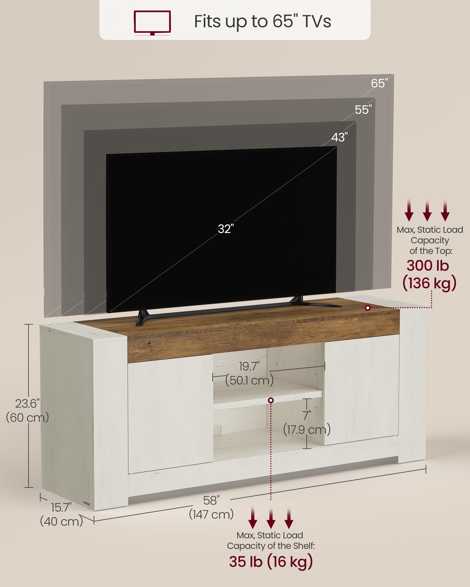 VASAGLE TV Stand, Farmhouse Entertainment Center with Storage Cabinets