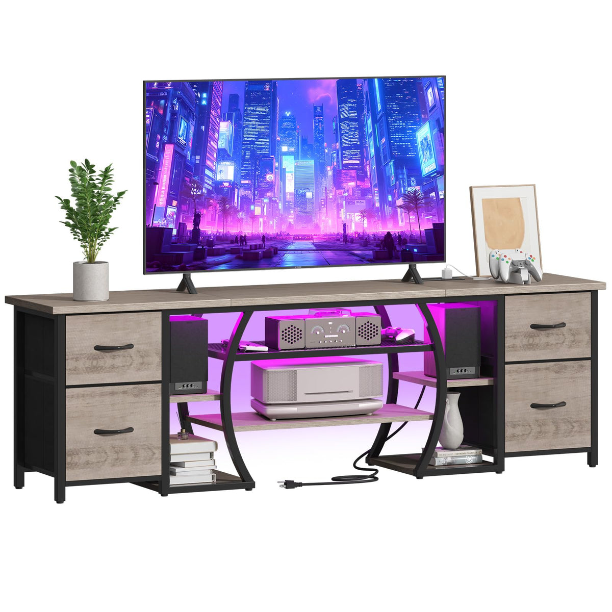 ZHNSYDN LED TV Stand for 65, 70, 80 Inch TV,71 Inch Industrial Entertainment Center with Power Outlets,Media Console Table with Open Storage Shelves & Fabric Drawers for Living Room Bedroom,Greige