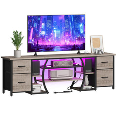 ZHNSYDN LED TV Stand for 65, 70, 80 Inch TV,71 Inch Industrial Entertainment Center with Power Outlets,Media Console Table with Open Storage Shelves & Fabric Drawers for Living Room Bedroom,Greige