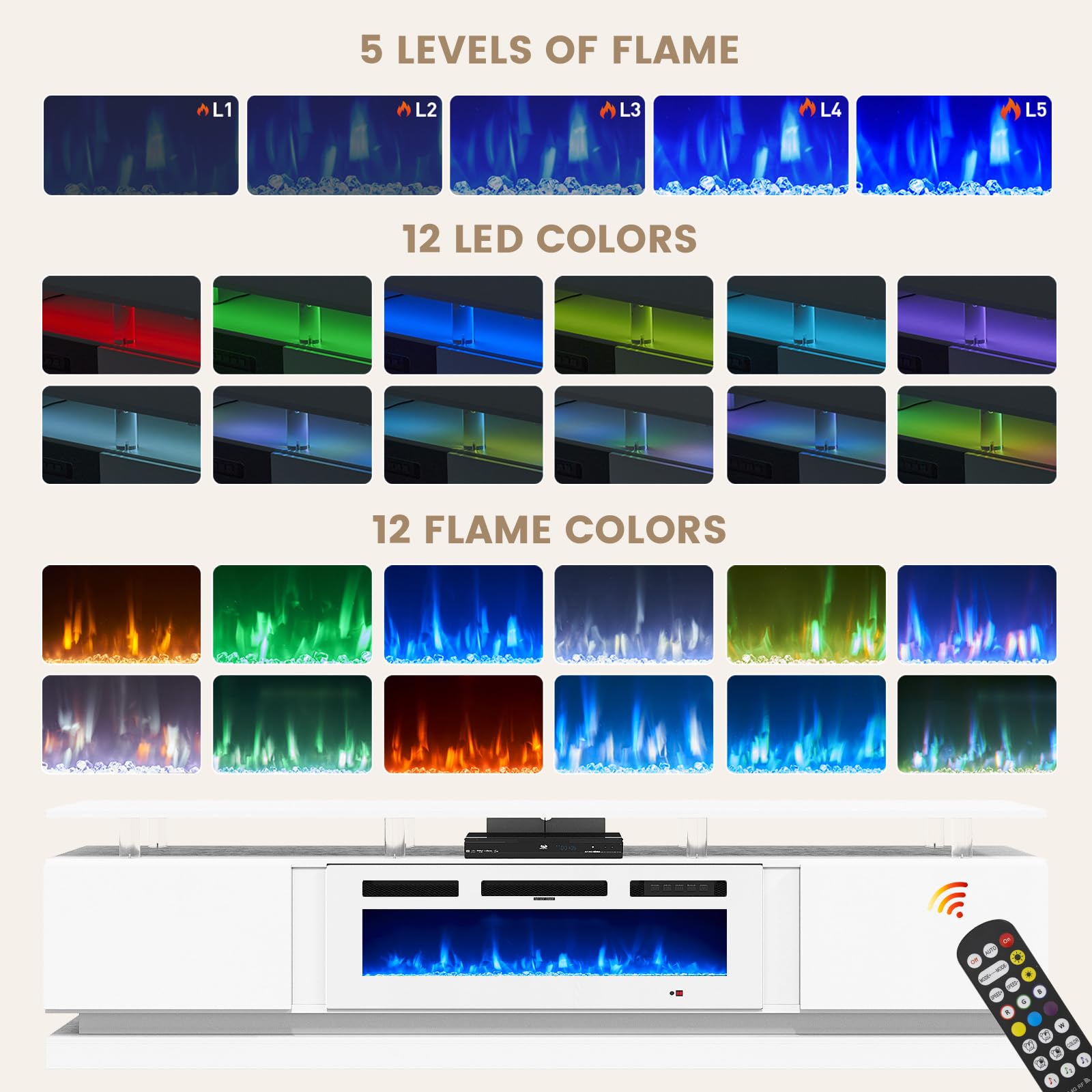 Nordivale 70" Fireplace TV Stand, Modern Entertainment Center for TVs Up to 80”, TV Console with Storage Cabinets, Media Console for Living Room, Black TV Stand and Black Fireplace