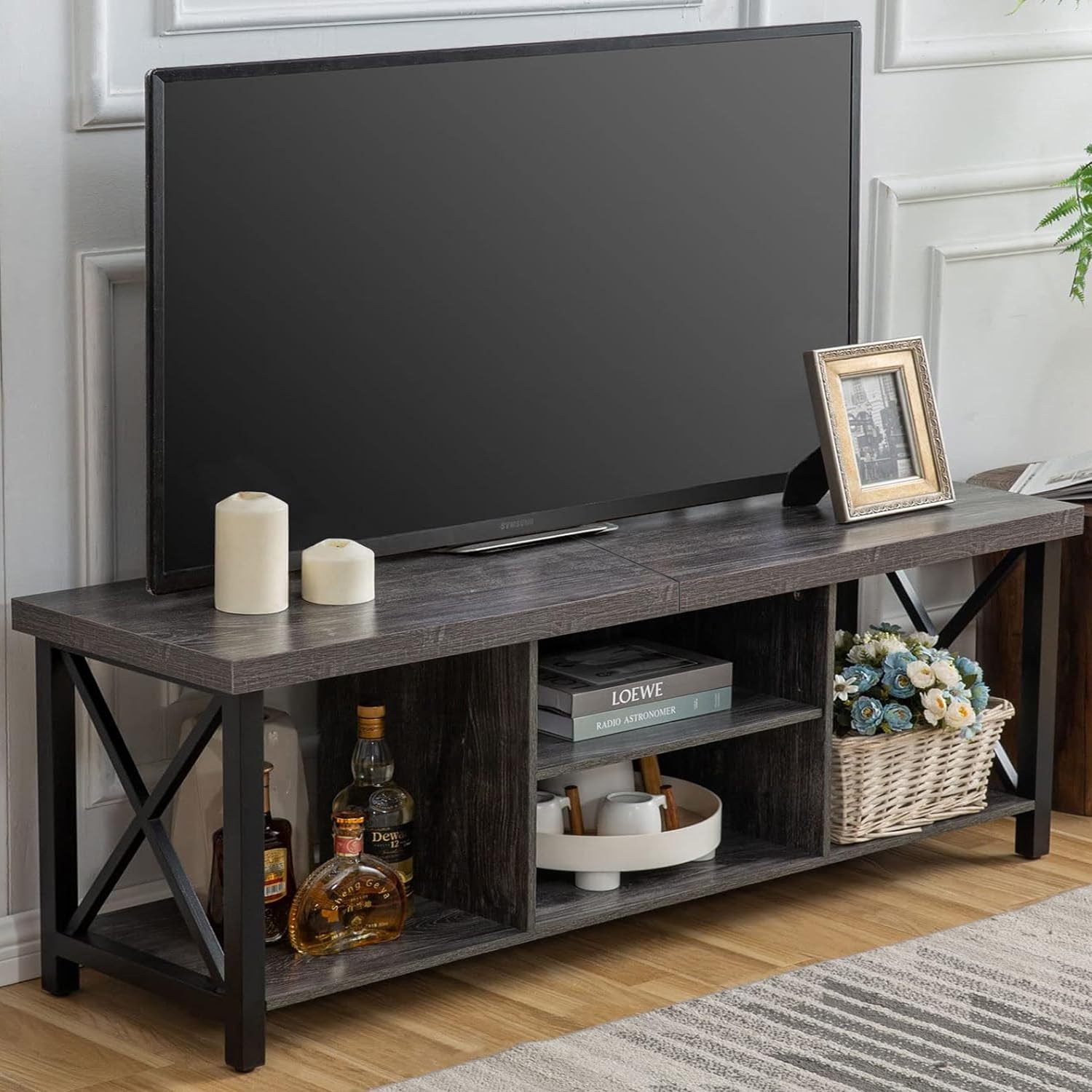 GAZHOME TV Stand for TV up to 55 Inches, TV Cabinet with Open Storage, TV Console Unit with Shelving for Living Room, Entertainment Room, Rustic Brown