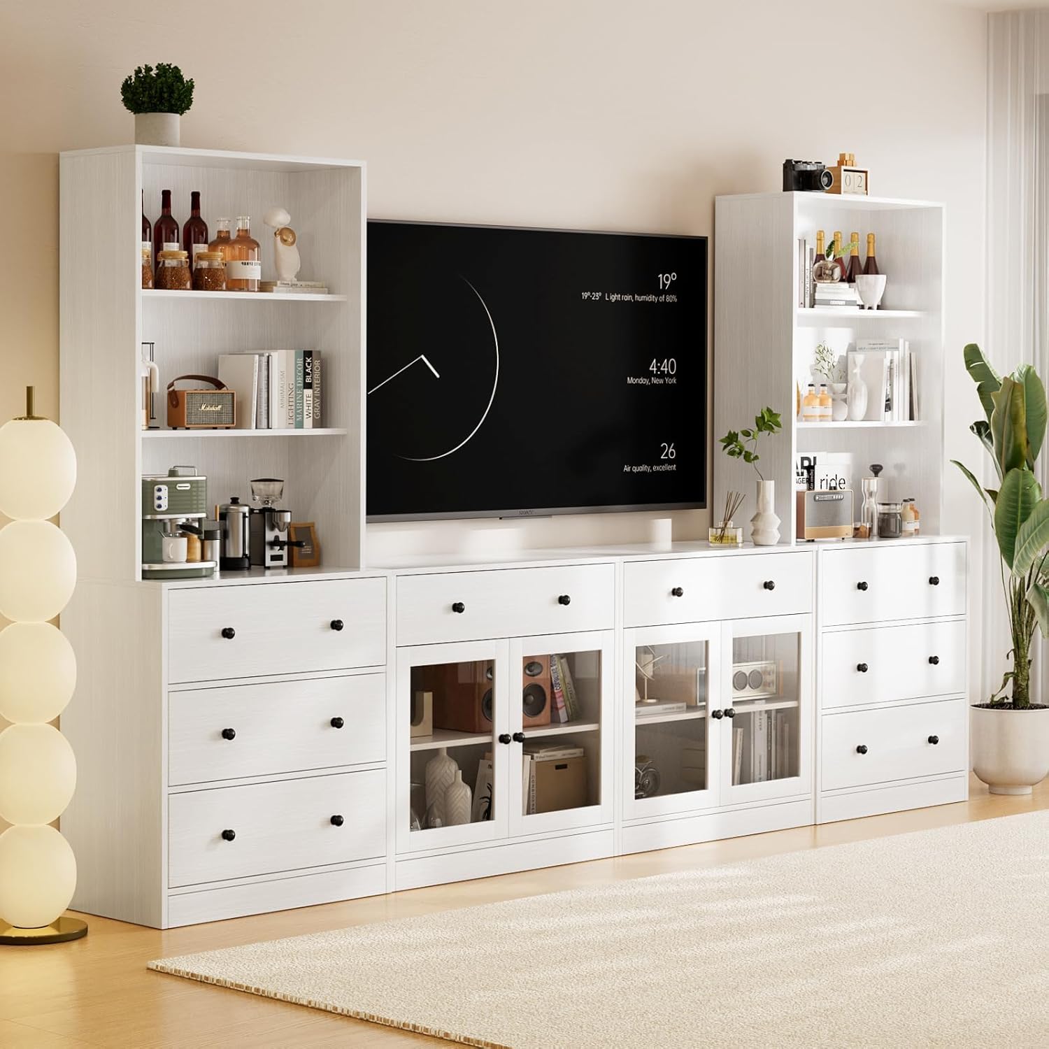 TUSY 71" Large TV Stand Set - TV Entertainment Center for TVs up to 65", Media Center with Tempered Glass Doors and Drawer, TV Hutch with Bookshelves for Living Room (White, BDDB)