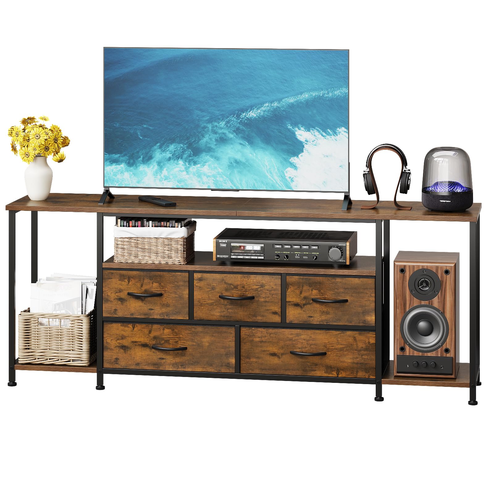 Welfuturer TV Stand for TVs Up to 75 Inch, Rustic Brown