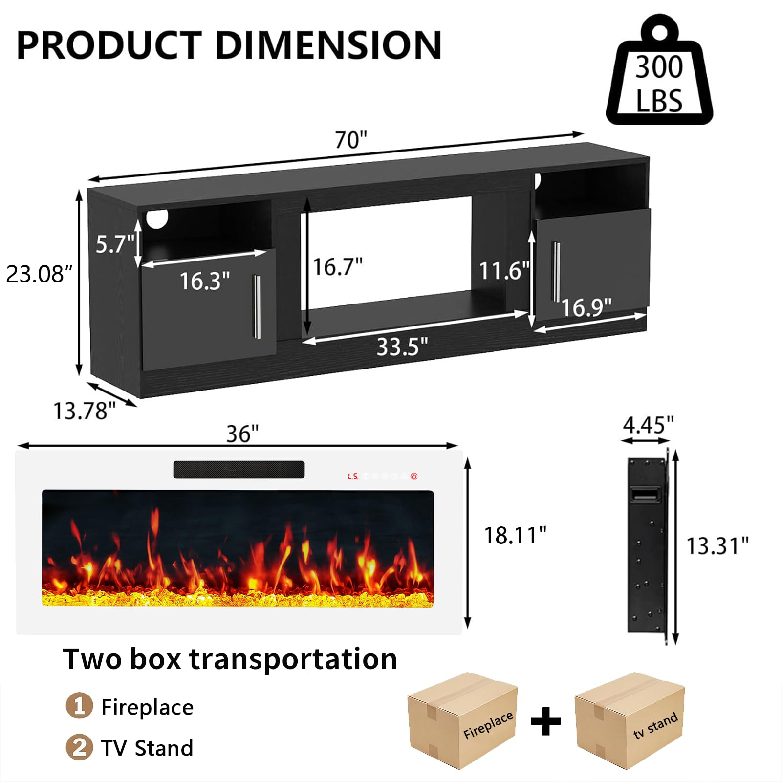 PRETZI Fireplace TV Stand with 36" Fireplace Up to 80" TVs for Living Room