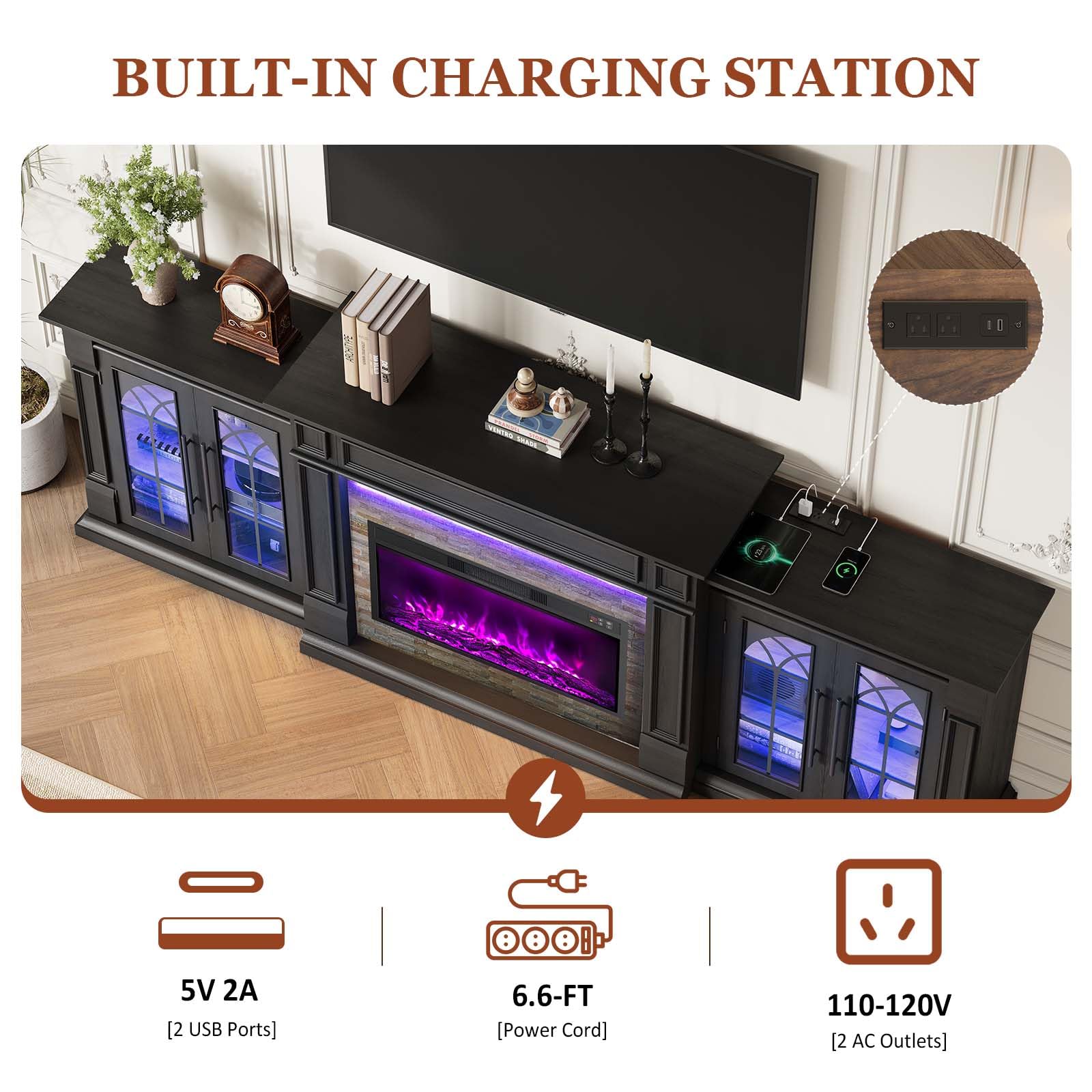 HolliWill 104" Fireplace TV Stand for TVs Up to 100 Inch, LED Electric Fireplace with Mantel and Sideboard Cabinets, Entertainment Center with 4 Glass Doors and Outlet, Modern for Living Room
