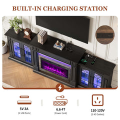 HolliWill 104" Fireplace TV Stand for TVs Up to 100 Inch, LED Electric Fireplace with Mantel and Sideboard Cabinets, Entertainment Center with 4 Glass Doors and Outlet, Modern for Living Room