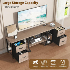 ZHNSYDN LED TV Stand for 65, 70, 80 Inch TV,71 Inch Industrial Entertainment Center with Power Outlets,Media Console Table with Open Storage Shelves & Fabric Drawers for Living Room Bedroom,Greige