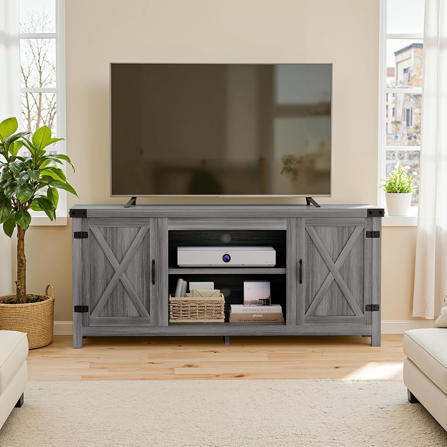 YESHOMY Modern Farmhouse TV Stand with Barn Door for 65 Inch TV, Gray Wash