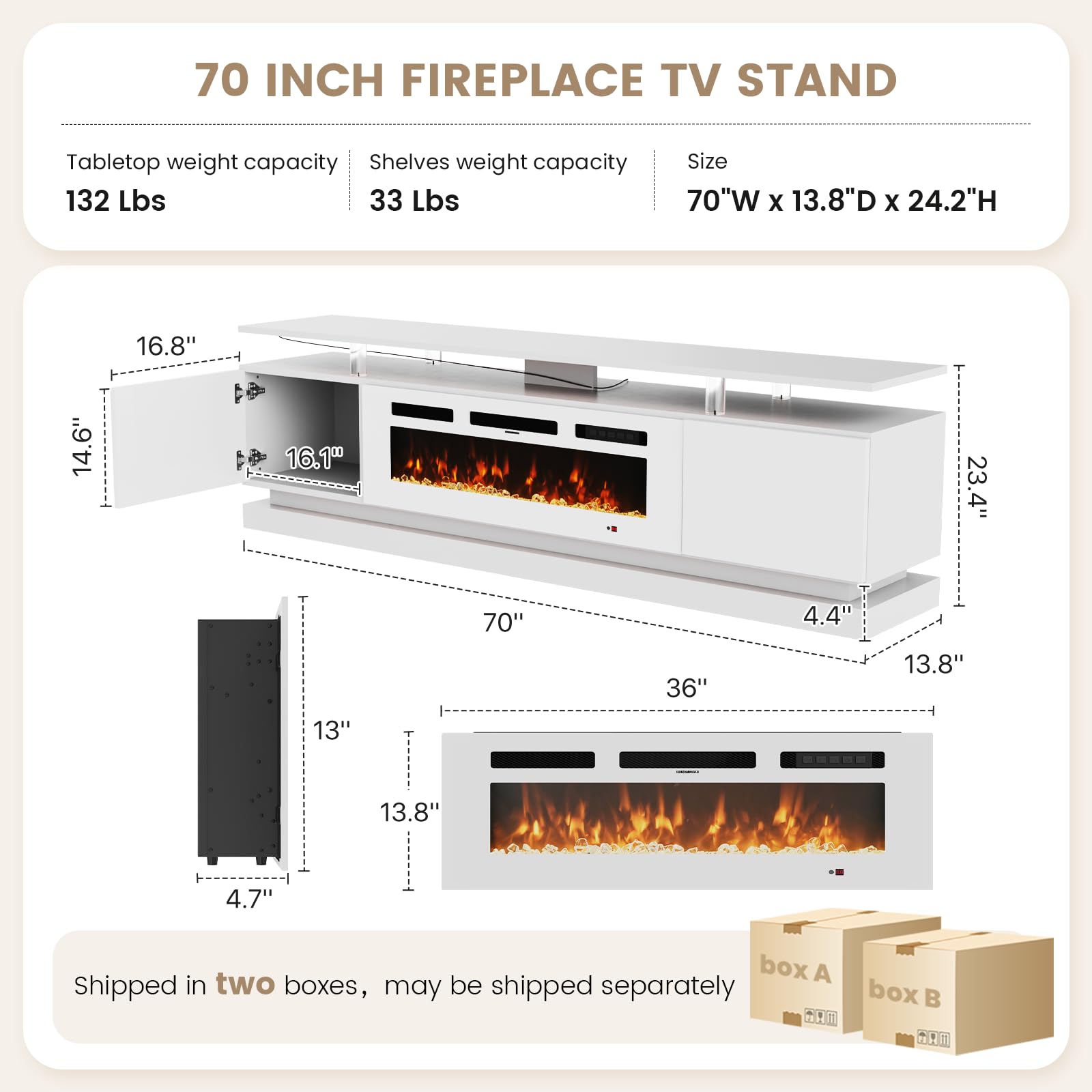 Nordivale 70" Fireplace TV Stand, Modern Entertainment Center for TVs Up to 80”, TV Console with Storage Cabinets, Media Console for Living Room, Black TV Stand and Black Fireplace