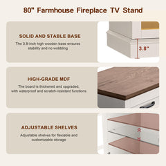 MXV 70" Fireplace TV Stand, 3-Sided Glass Fireplace and Modern Entertainment Center, Wooden Media Console with Glass Doors & Storage Drawers, LED Light, for Living Room, Antique White