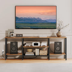 HOOBRO TV Stand with Power Outlets to 75 Inches, TV Console Table with Open Storage Shelves Cabinet, Industrial Media Entertainment Center for Living Room Bedroom, Rustic Brown and Black BF80DS01