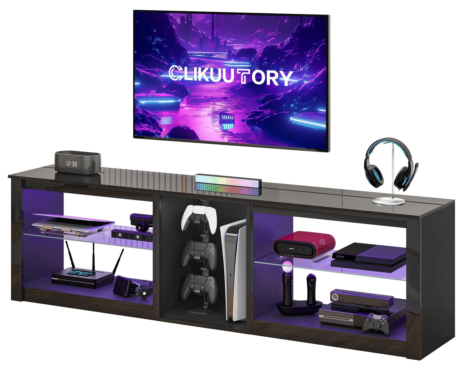 Clikuutory Modern 63 inch TV Stand with LED Lights for 50 55 60 65 70 75 inch TVs, High Gloss Entertainment Center for PS5, TV Cabinet with Glass Shelves for Living Room, Bedroom, Bright Black