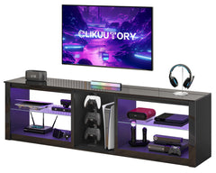 Clikuutory Modern 63 inch TV Stand with LED Lights for 50 55 60 65 70 75 inch TVs, High Gloss Entertainment Center for PS5, TV Cabinet with Glass Shelves for Living Room, Bedroom, Bright Black
