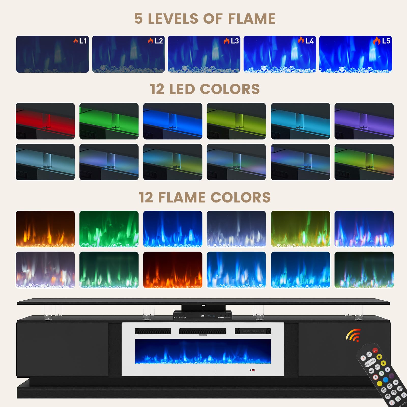 Nordivale 70" Fireplace TV Stand, Modern Entertainment Center for TVs Up to 80”, TV Console with Storage Cabinets, Media Console for Living Room, Black TV Stand and Black Fireplace