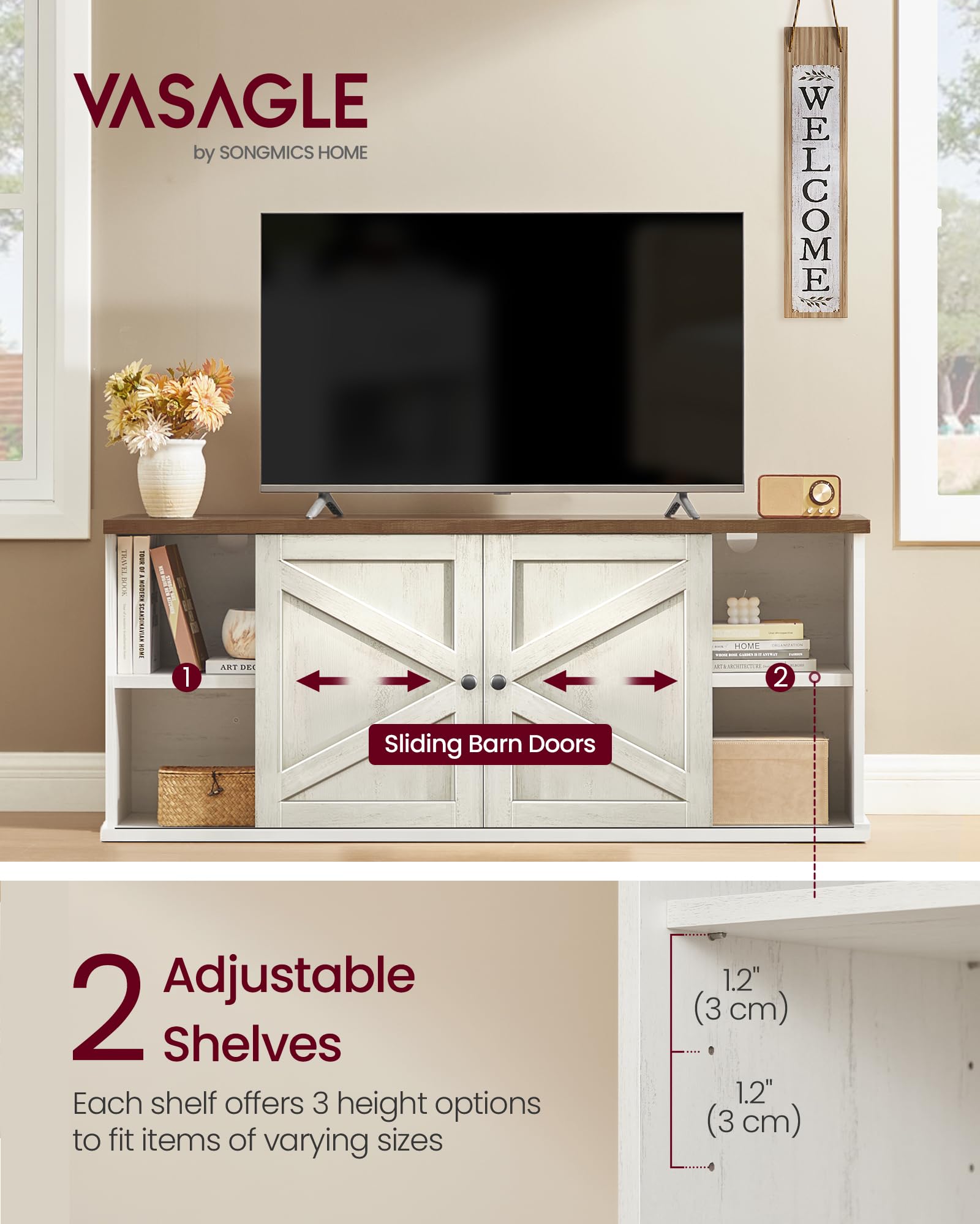 VASAGLE Farmhouse TV Stand for TVs up to 65 Inches, Entertainment Center with Storage Cabinets and Sliding Barn Doors, Media Console Table for Living Room, Honey Brown ULTV535K101