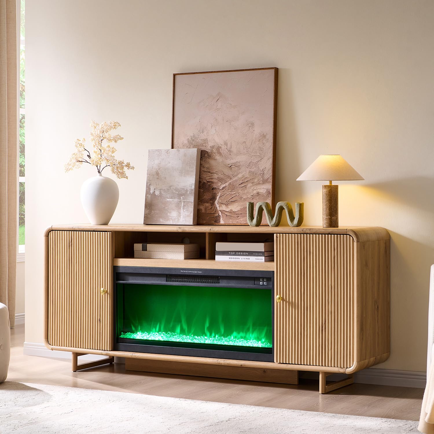 IFGET 70" Modern TV Stand with Storage, Wood Curved TV Console, Natural Oak