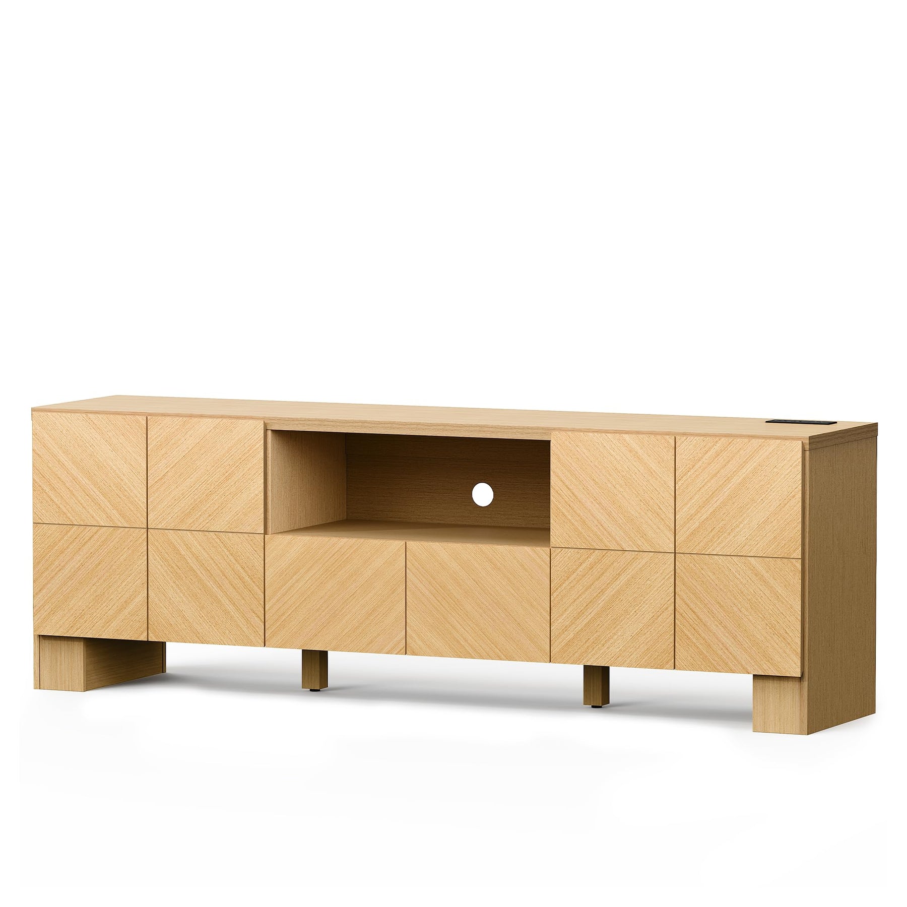 ModernMate 70" Modern TV Stand for TVs Up to 80 Inch, Wood Entertainment Center with Outlet and Storage Cabinet, Chevron Pattern TV Console with Adjustable Shelve for Living Room, Bedroom, Natural Oak