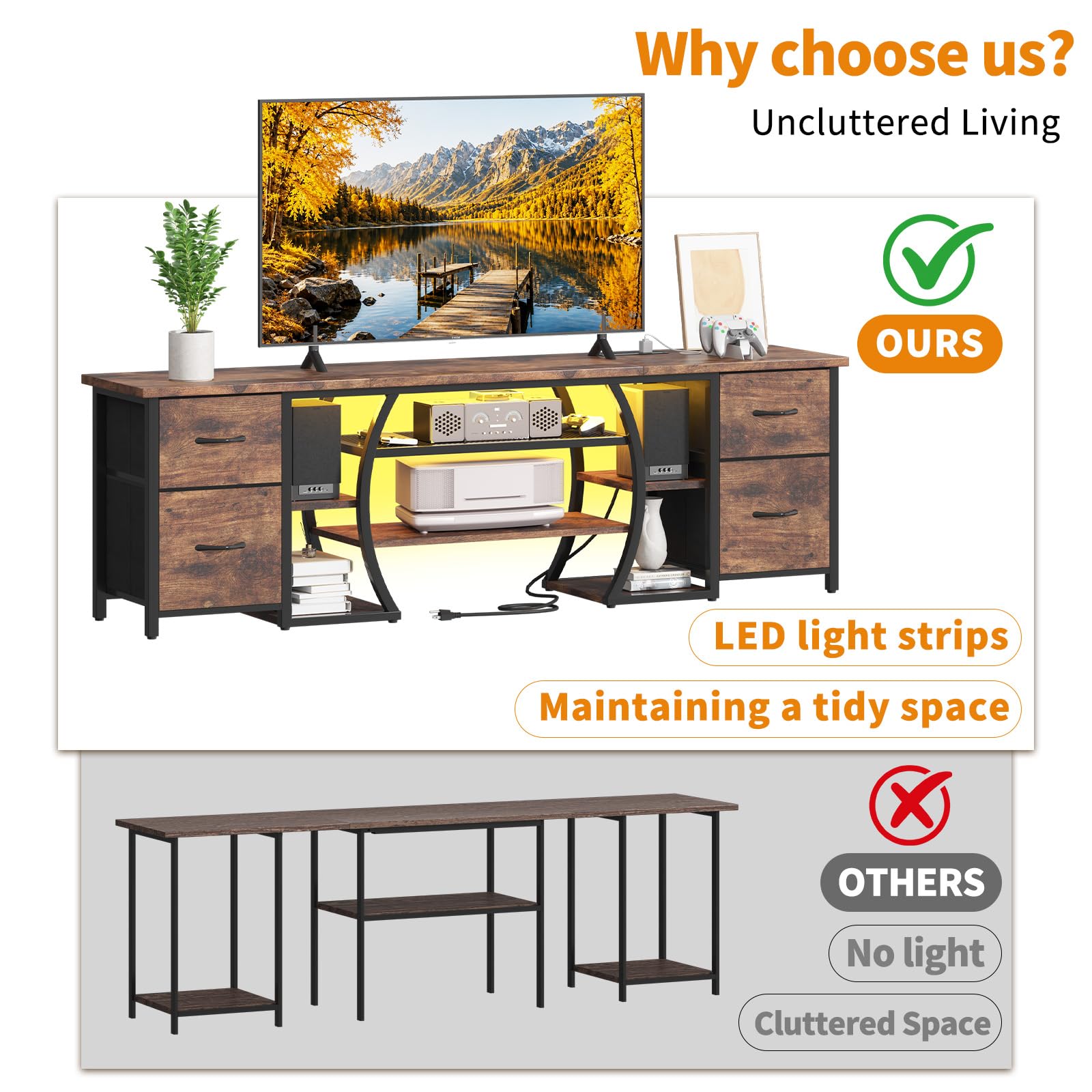 ZHNSYDN LED TV Stand for 65, 70, 80 Inch TV,71 Inch Industrial Entertainment Center with Power Outlets,Media Console Table with Open Storage Shelves & Fabric Drawers for Living Room Bedroom,Greige