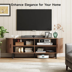 ONBRILL 70.8" TV Stand with Power Outlet for TVs up to 75 Inch, Entertainment Center with Storage and Adjustable Shelves, Modern Media Console with Sliding Doors for Living Room, Walnut