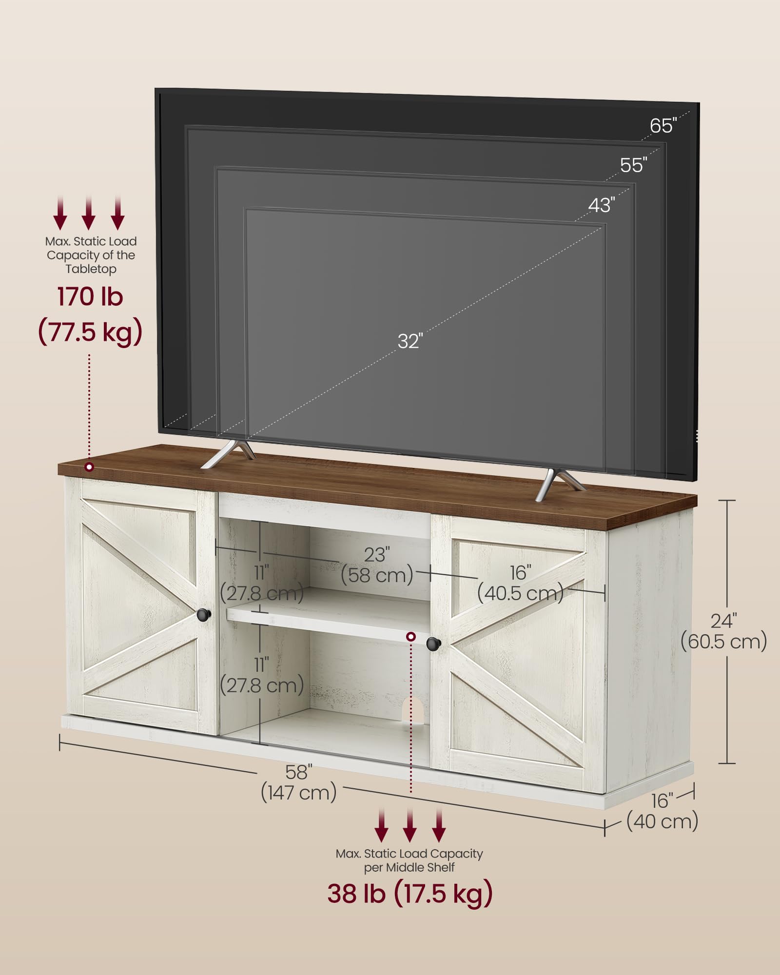 VASAGLE Farmhouse TV Stand for TVs up to 65 Inches, Entertainment Center with Storage Cabinets and Sliding Barn Doors, Media Console Table for Living Room, Honey Brown ULTV535K101