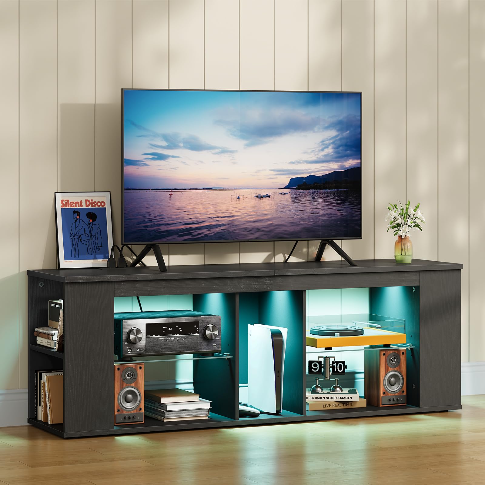 CHOEZON 55" TV Stand for up to 65" TVs with RGB LED Lights, Built-in Power Outlet, Adjustable Glass Shelves & Open Storage, Modern Media Console for Living Room & Game Room, Black MDS05UDBB