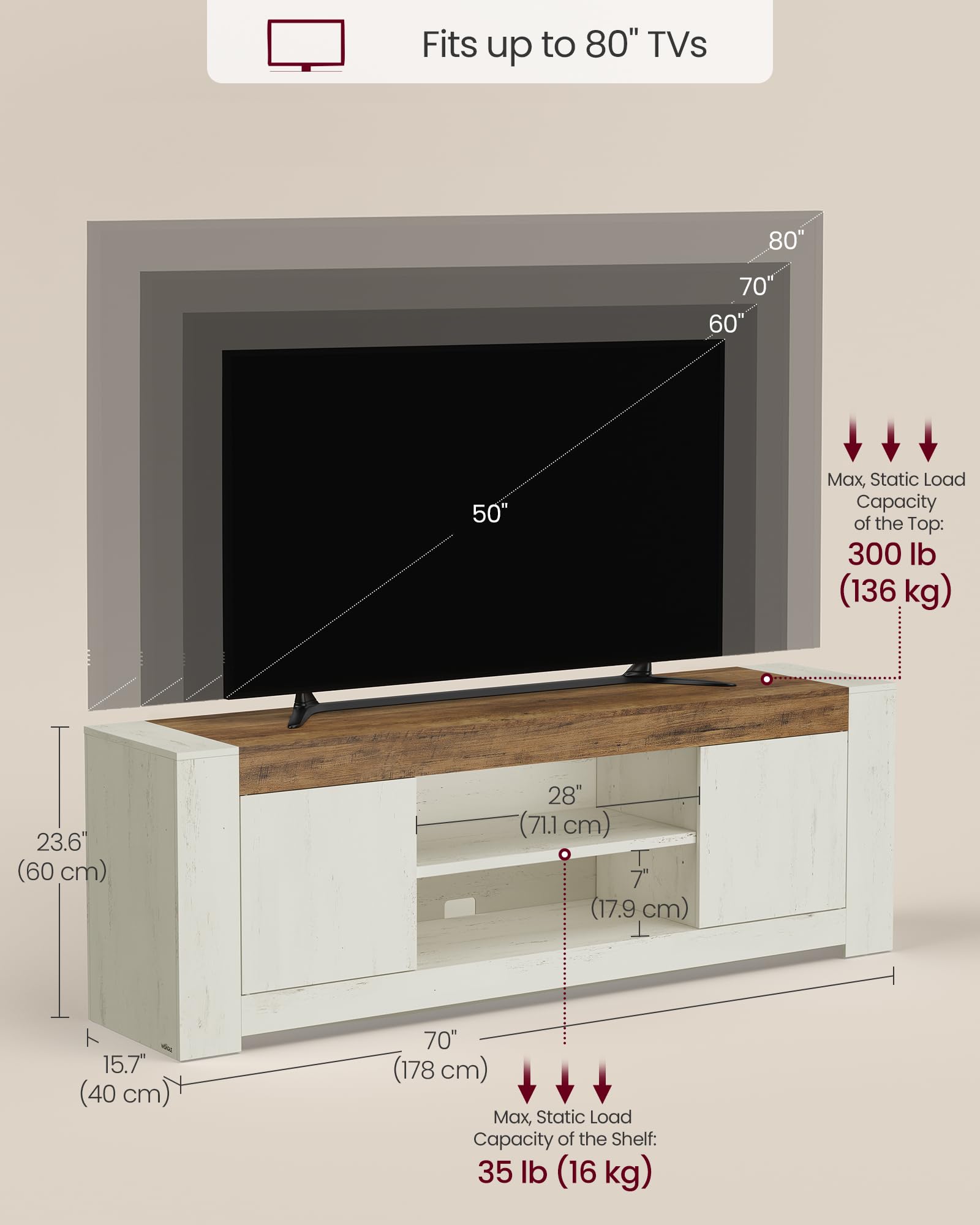 VASAGLE TV Stand, Farmhouse Entertainment Center with Storage Cabinets