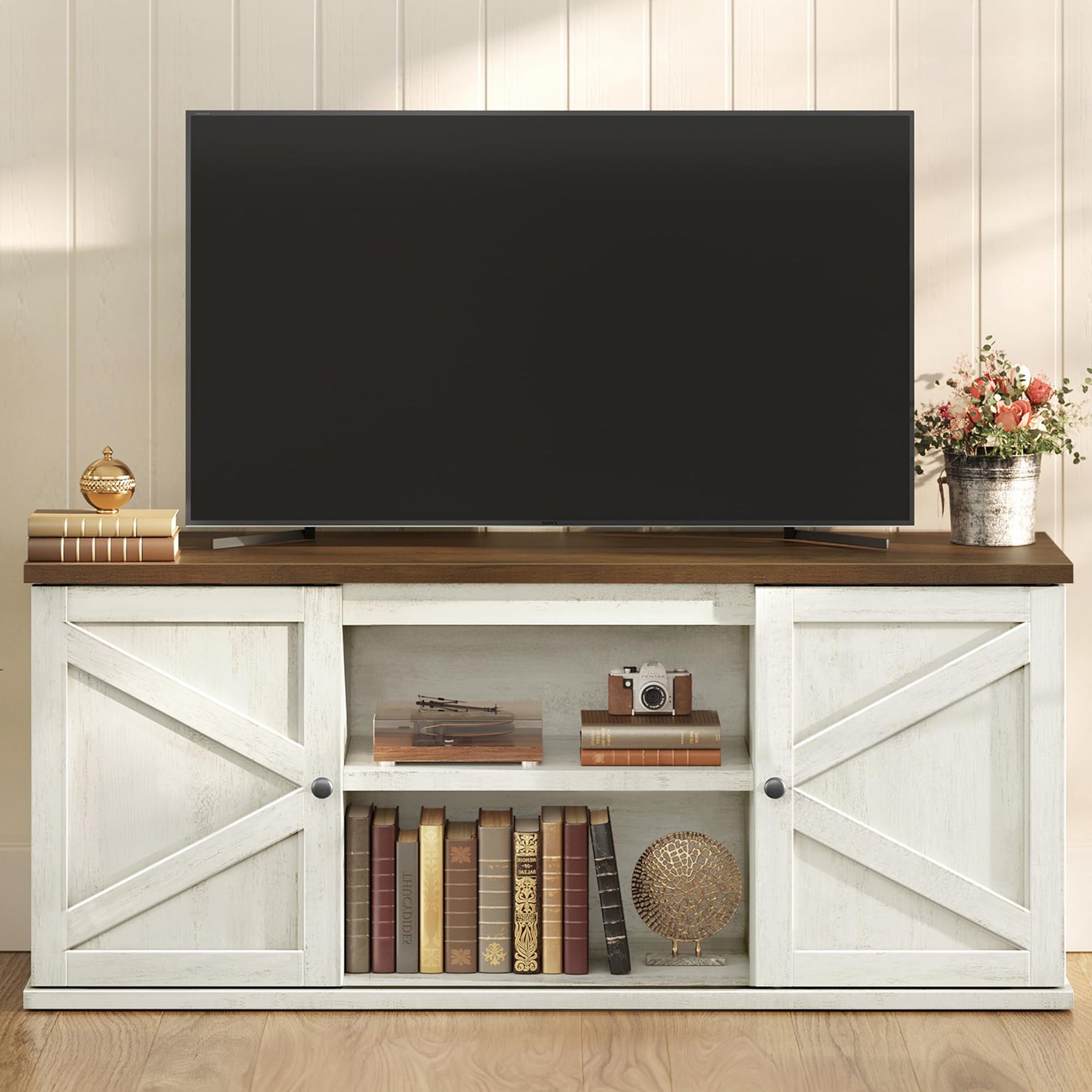 VASAGLE Farmhouse TV Stand for TVs up to 65 Inches, Entertainment Center with Storage Cabinets and Sliding Barn Doors, Media Console Table for Living Room, Honey Brown ULTV535K101
