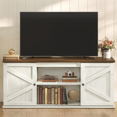 VASAGLE Farmhouse TV Stand for TVs up to 65 Inches, Entertainment Center with Storage Cabinets and Sliding Barn Doors, Media Console Table for Living Room, Honey Brown ULTV535K101