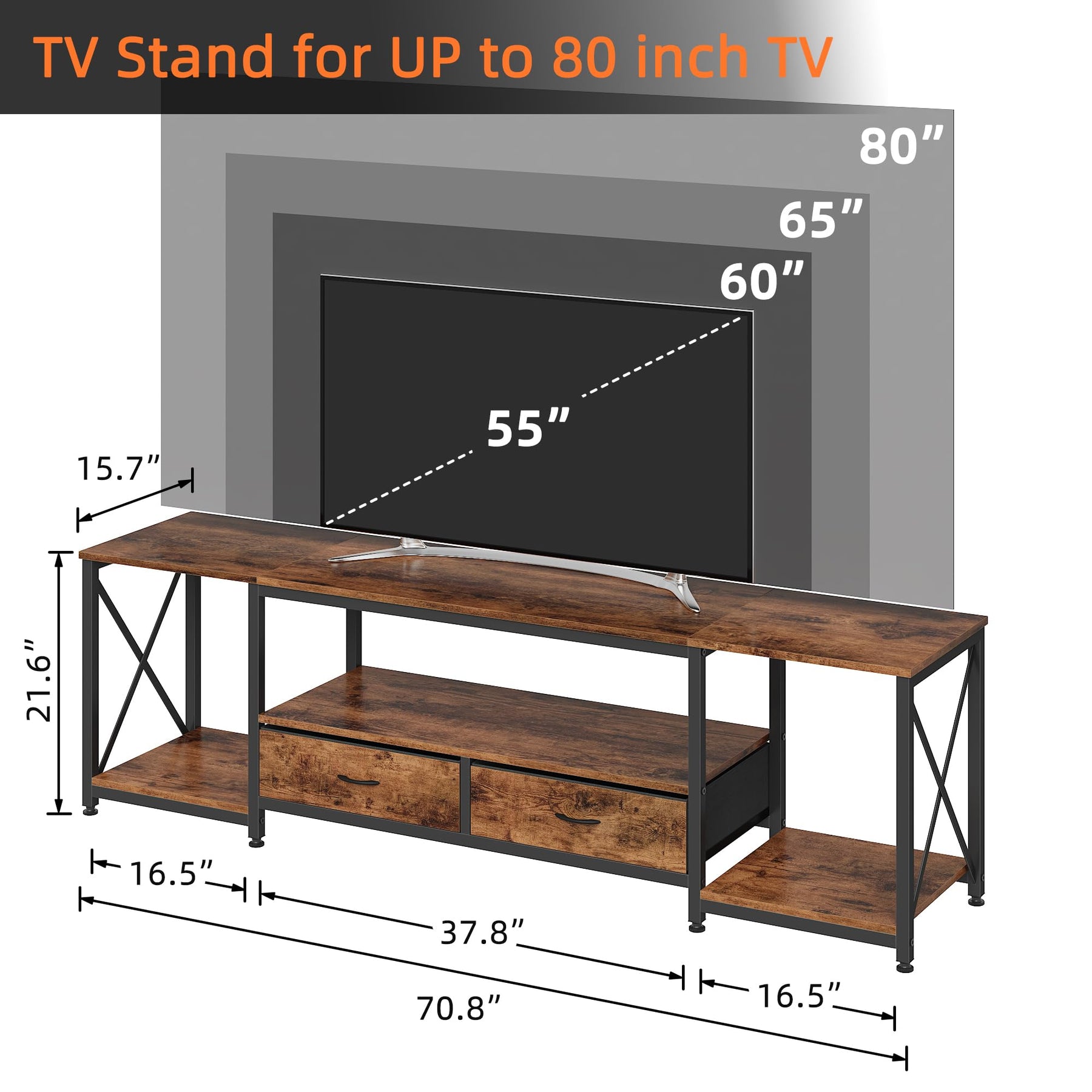 GYIIYUO TV Stand with Fabric Drawer - Entertainment Center and Industrial TV Console Table with Open Storage Shelves for Living Room, Bedroom - 55.1" Rustic Brown
