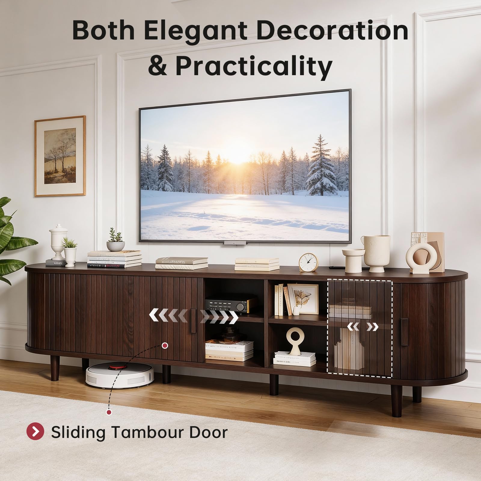 OneBlis 70" Mid Century Modern TV Stand, Wood TV Consoles with Sliding Doors and Power Outlet, Entertainment Center with Adjustable Shelves, Fluted TV Stands for Living Room, Walnut
