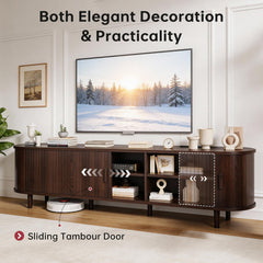 OneBlis 70" Mid Century Modern TV Stand, Wood TV Consoles with Sliding Doors and Power Outlet, Entertainment Center with Adjustable Shelves, Fluted TV Stands for Living Room, Walnut