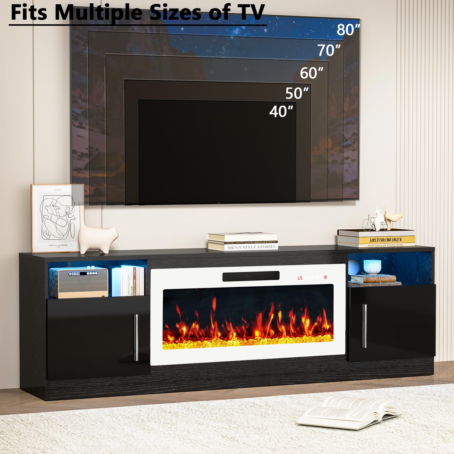PRETZI Fireplace TV Stand with 36" Fireplace Up to 80" TVs for Living Room