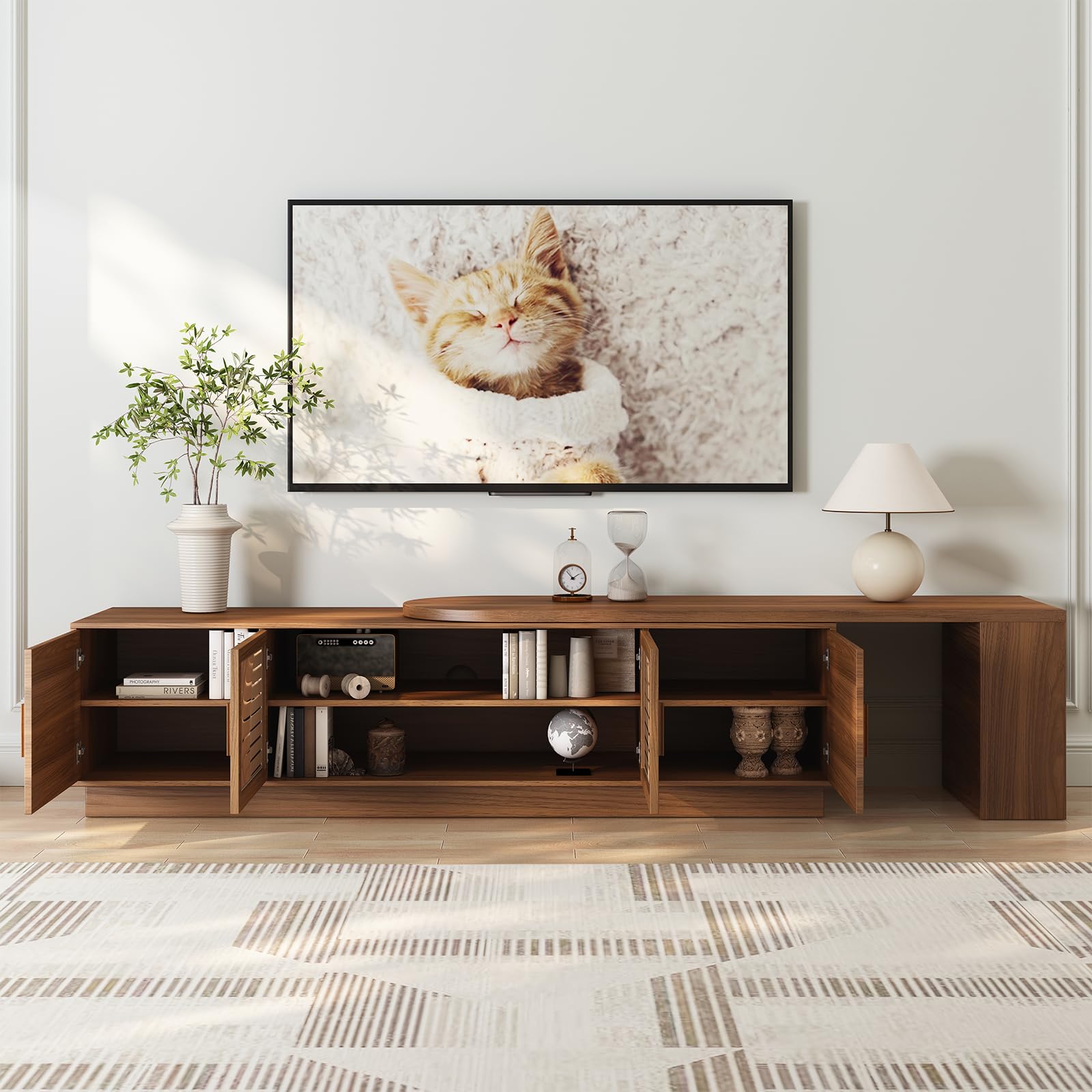 JGOEI 75"-85" or 90" Mid Century Modern TV Stands, Extendable TV Stand with 4 Storage Cabinets, TV Console with Storage, Adjustable TV Stand for Up to 98 Inch TVs, Modern Entertainment Center, Black