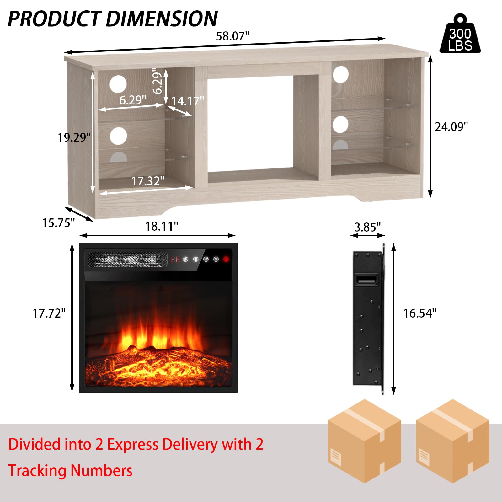 PRETZI Fireplace TV Stand with 36" Fireplace Up to 80" TVs for Living Room