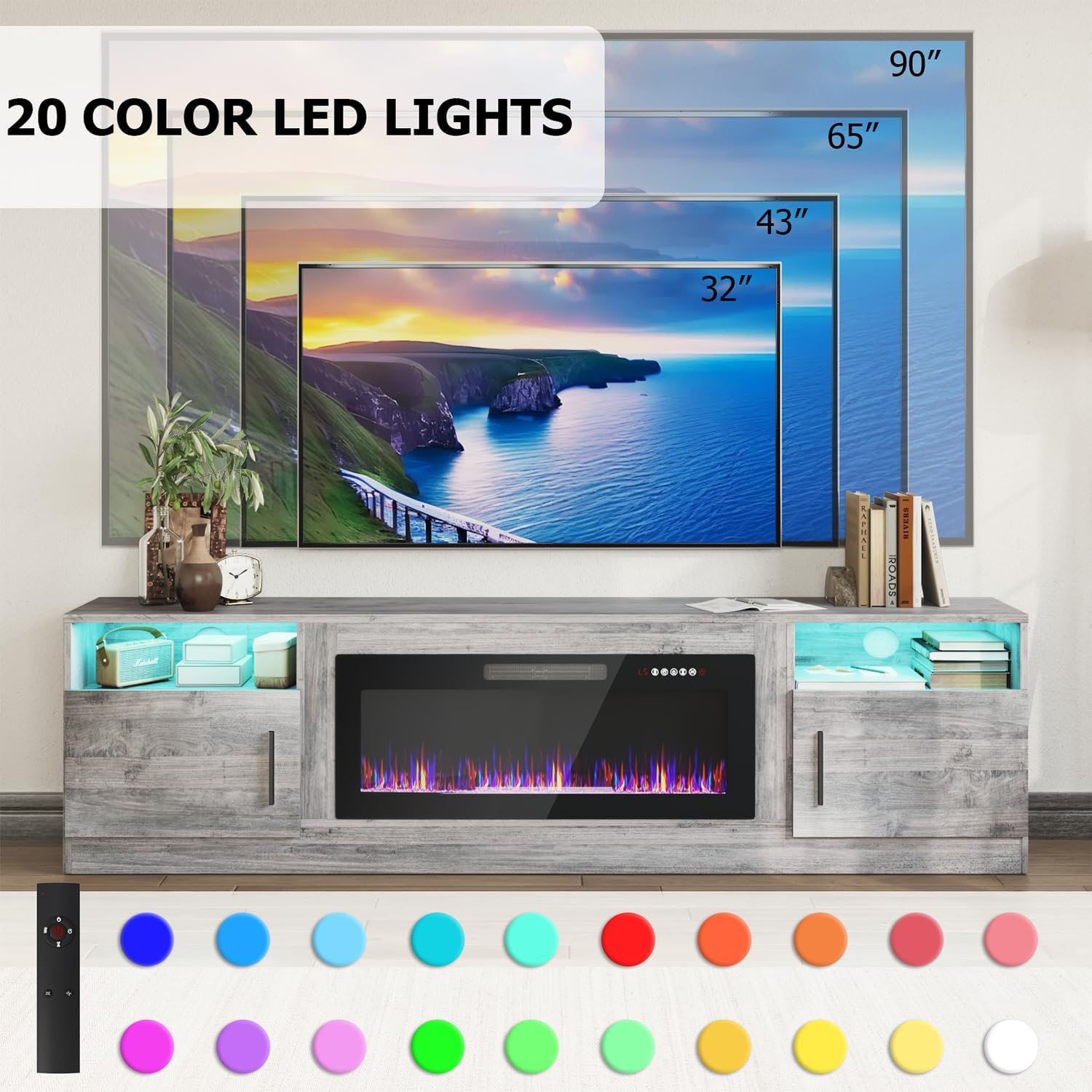 PRETZI Fireplace TV Stand with 36" Fireplace Up to 80" TVs for Living Room
