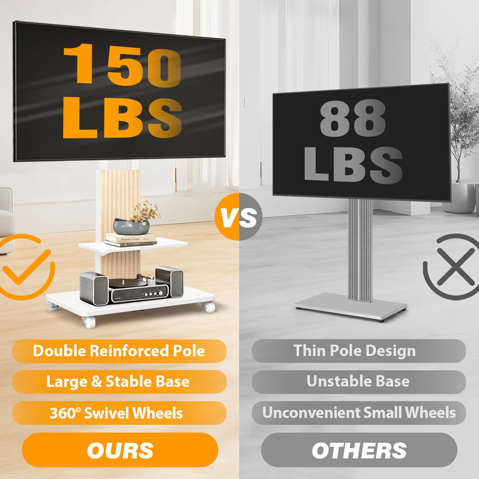 TVON Heavy Duty Rolling TV Stand for 55-100 inch Large Screens