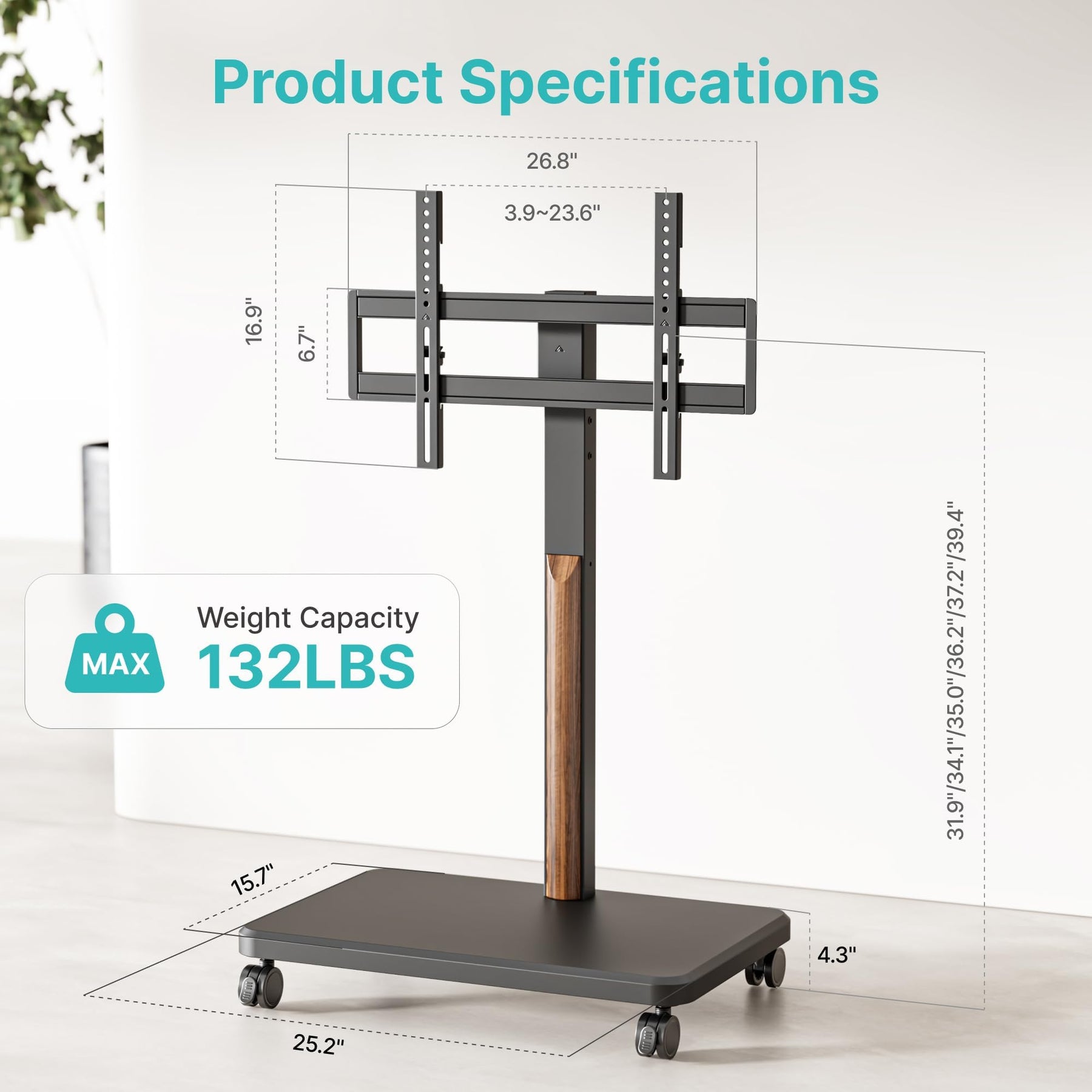 Pegzone TV Rolling Cart for 32-85 Inch LCD LED OLED Screen up to 132 Lbs