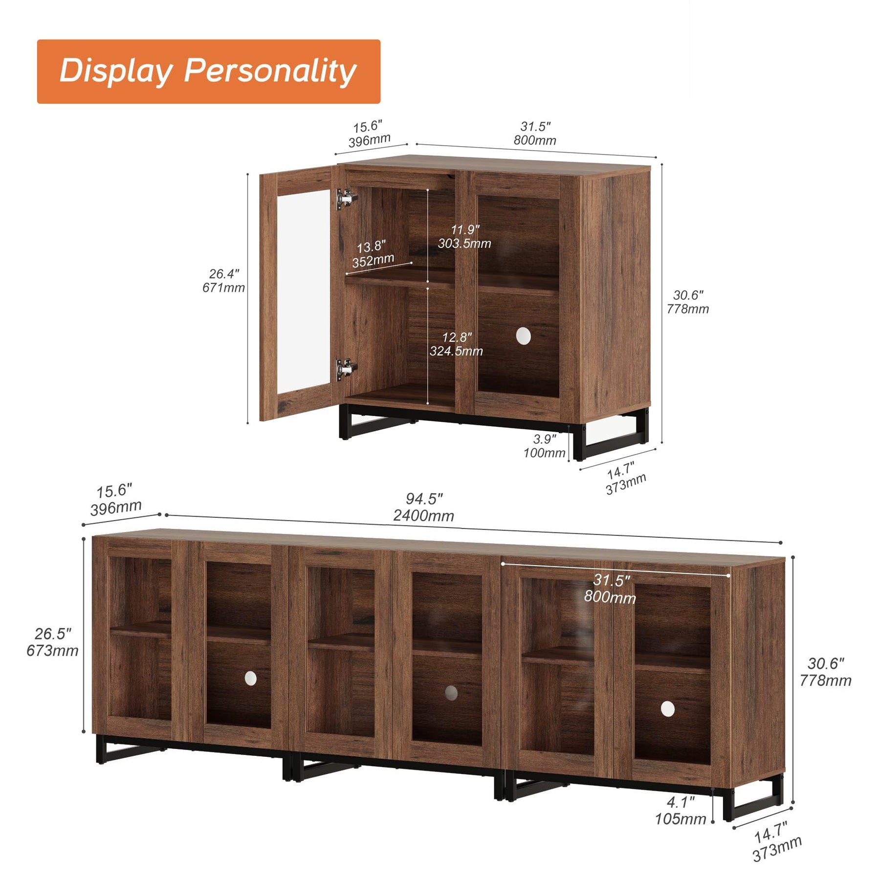 WAMPAT Modern TV Stand with Glass Doors for 80-120 inch TVs, 4 in 1 Entertainment Center Console with 4 Drawers and Metal Base for Living Room, Bedroom, Brown