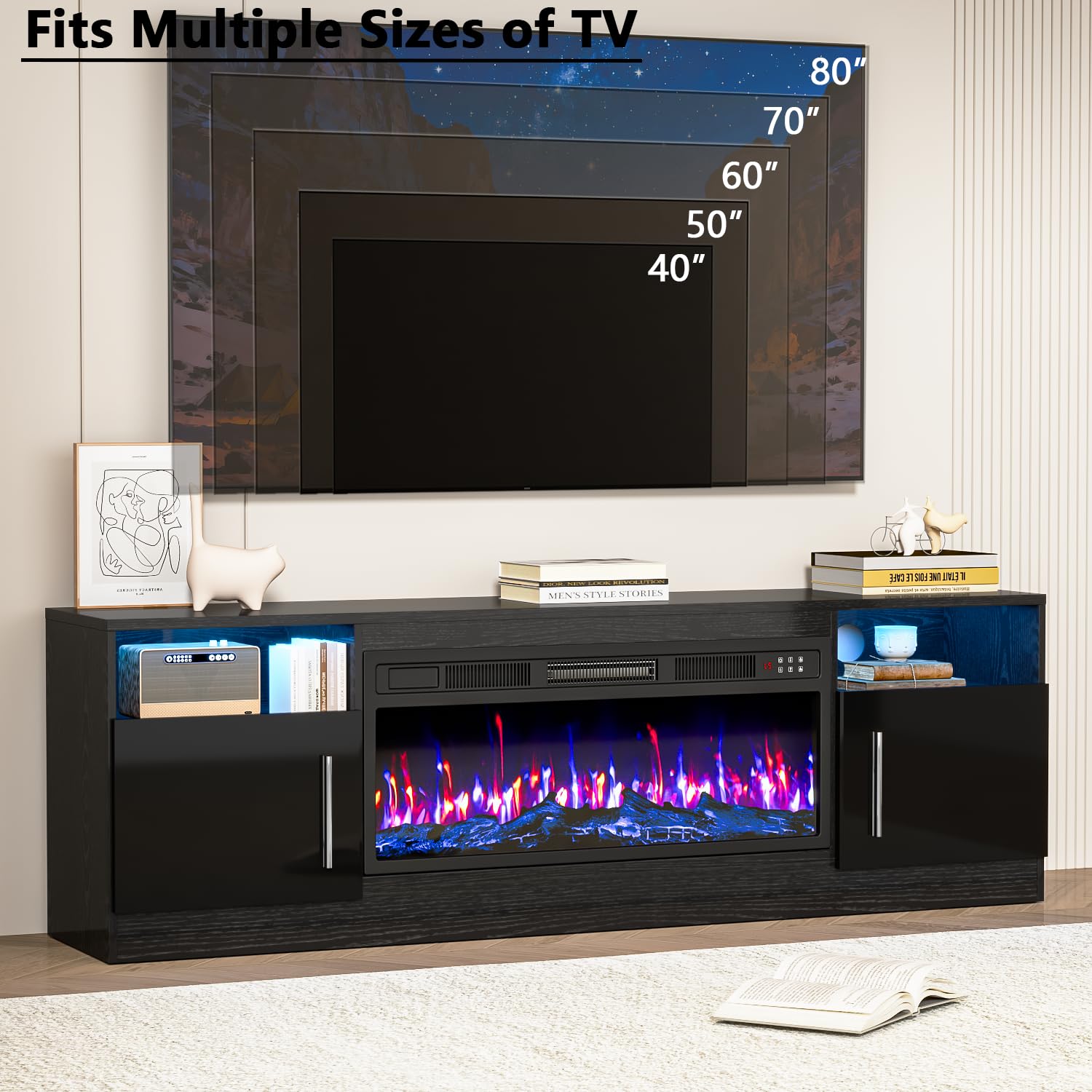 PRETZI Fireplace TV Stand with 36" Fireplace Up to 80" TVs for Living Room