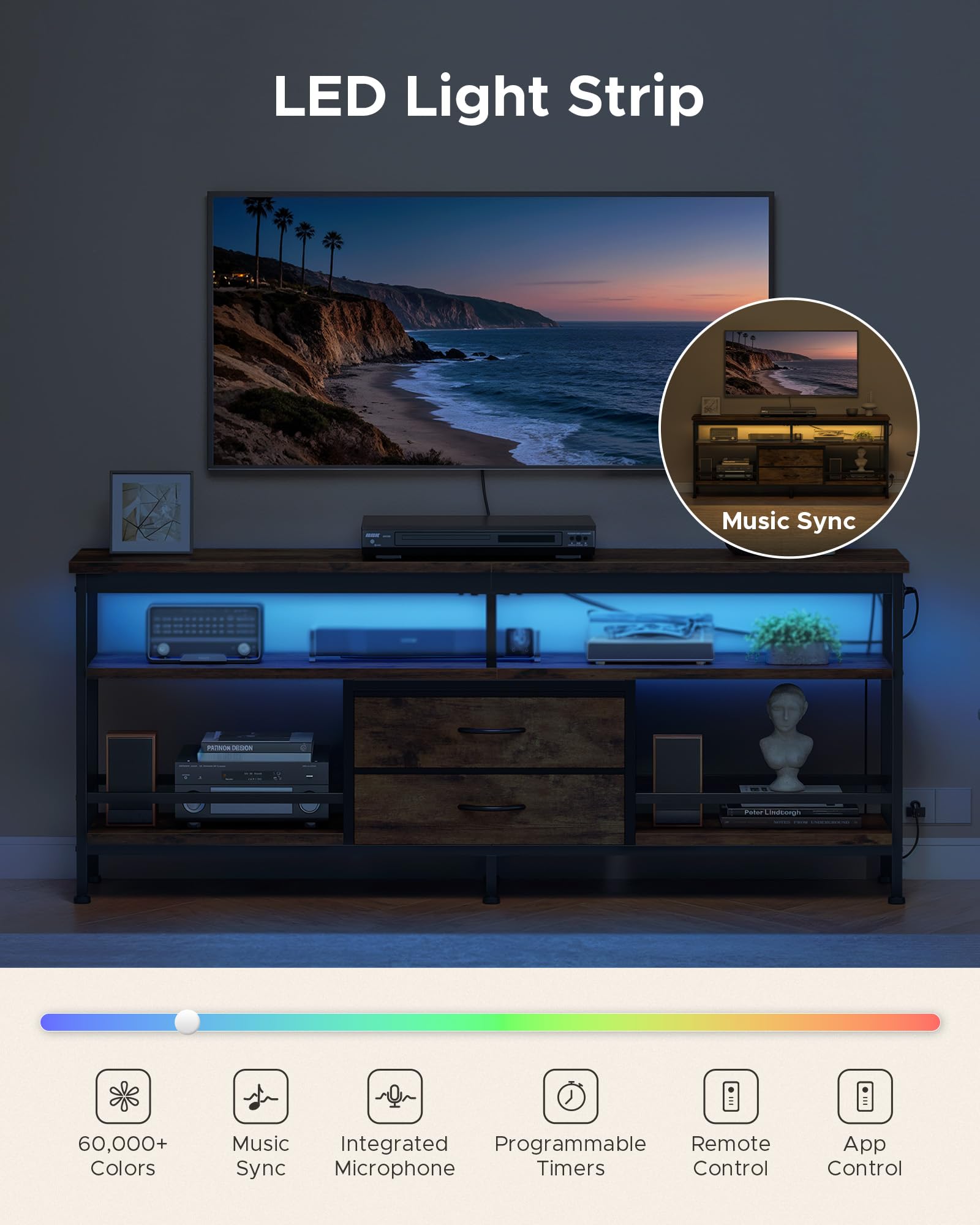 Lazzanto 63in TV Stand for 55-75in TVs, LED Lights, Charging Station, Black