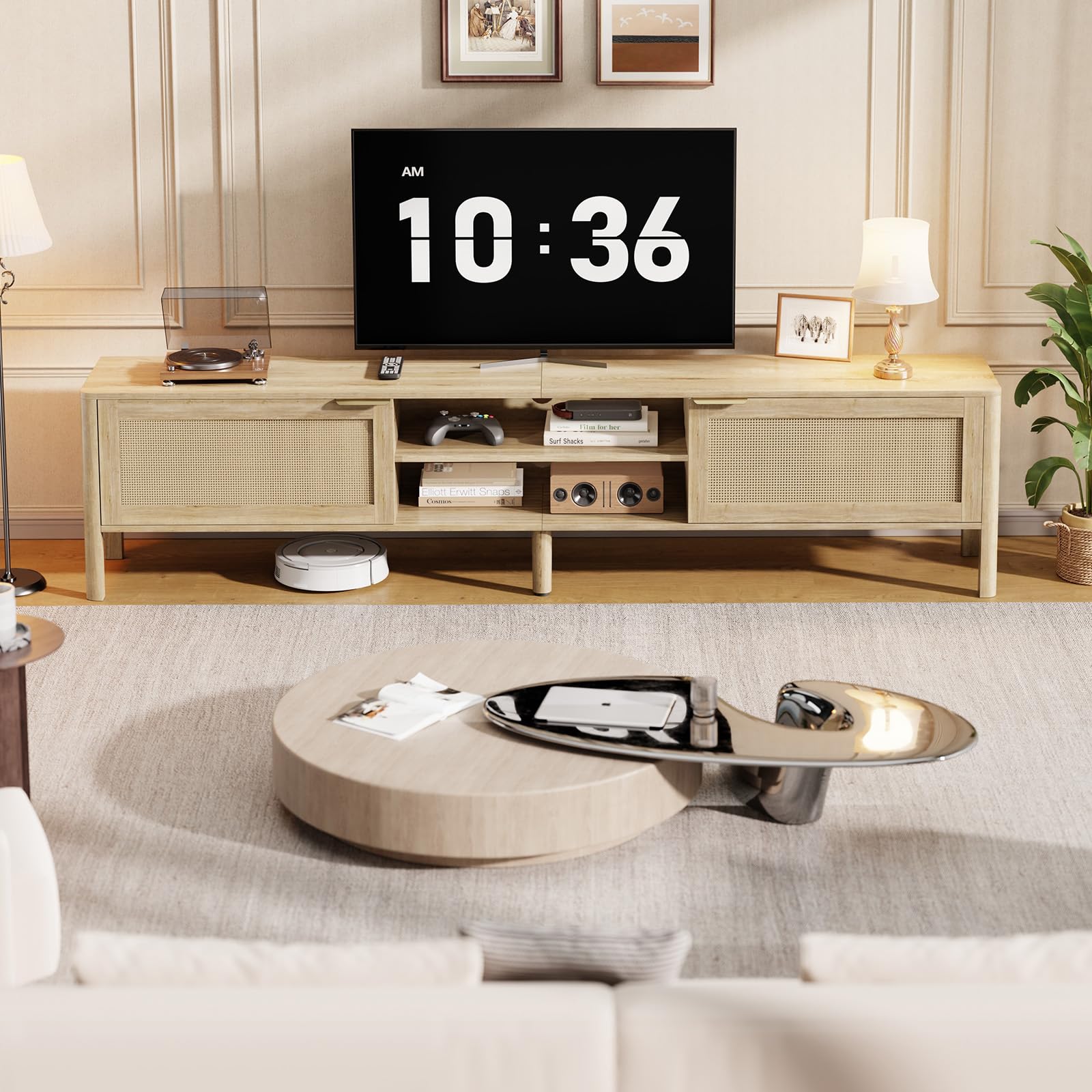 IKALIFE Rattan TV Stand for Living Room Walnut 71"