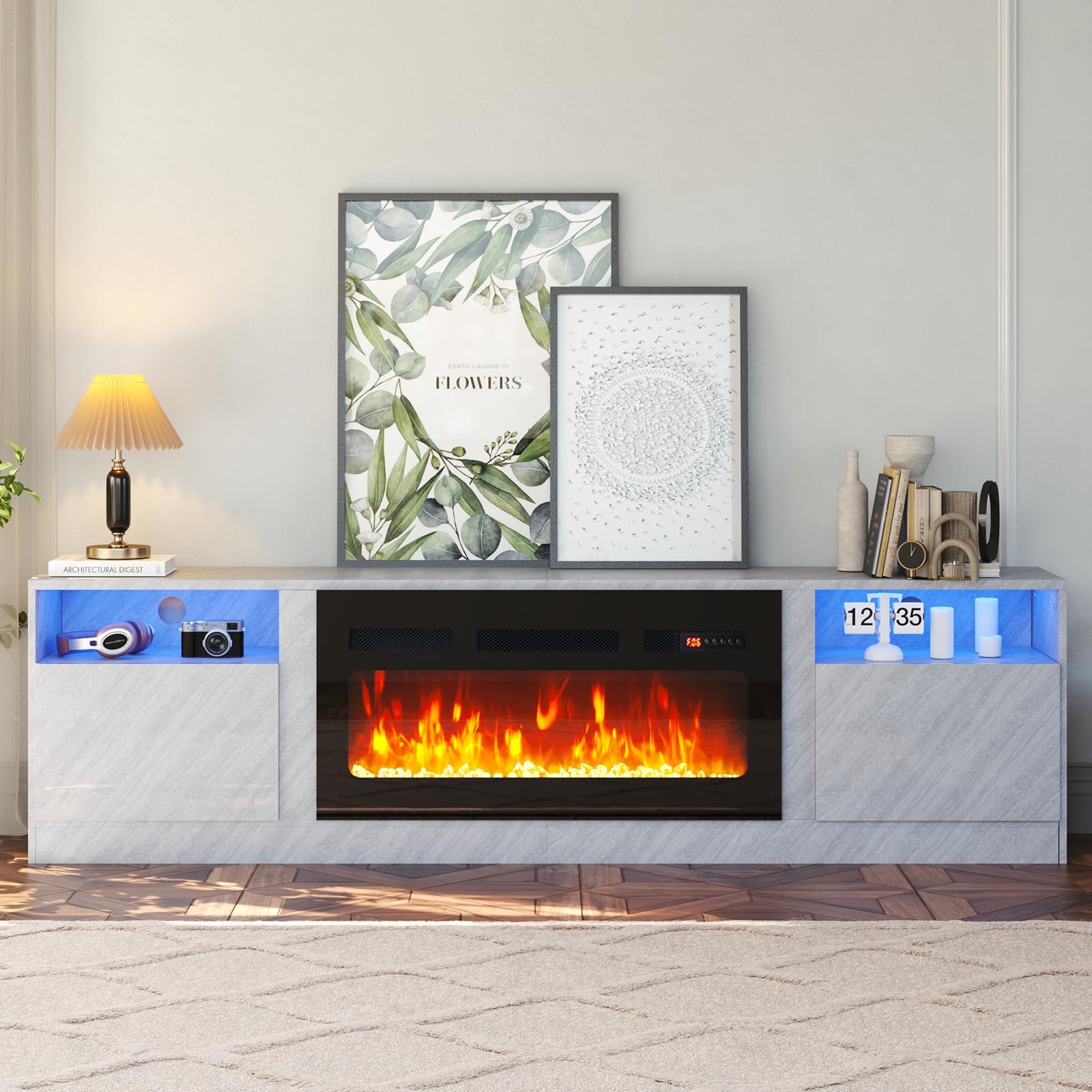oneinmil Fireplace TV Stand with 36" Electric Fireplace, LED Light Entertainment Center, Modern Wood Texture Entertainment Stand with Highlight Storage Cabinet for TVs Up to 80", 70 inches, Black