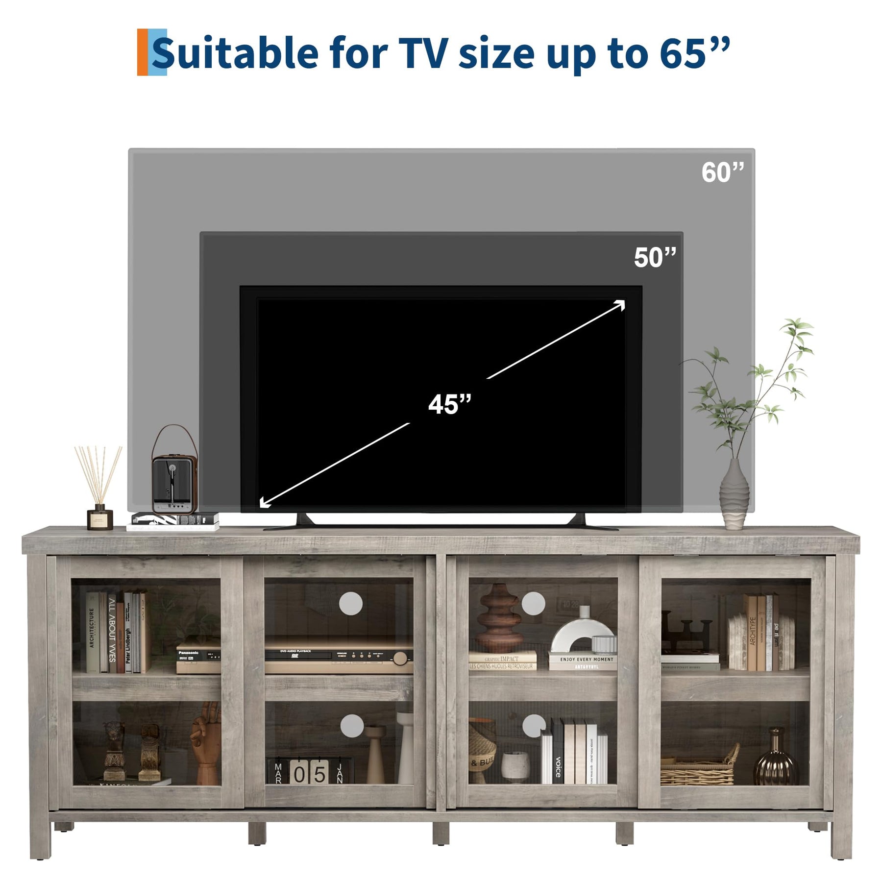 GAOMON TV Stand for 65" with Entertainment Center, Storage Cabinet, 4 Sliding Glass Doors, Mid Century Modern Media TV Console Table for Living Room Bedroom (Retro Brown)