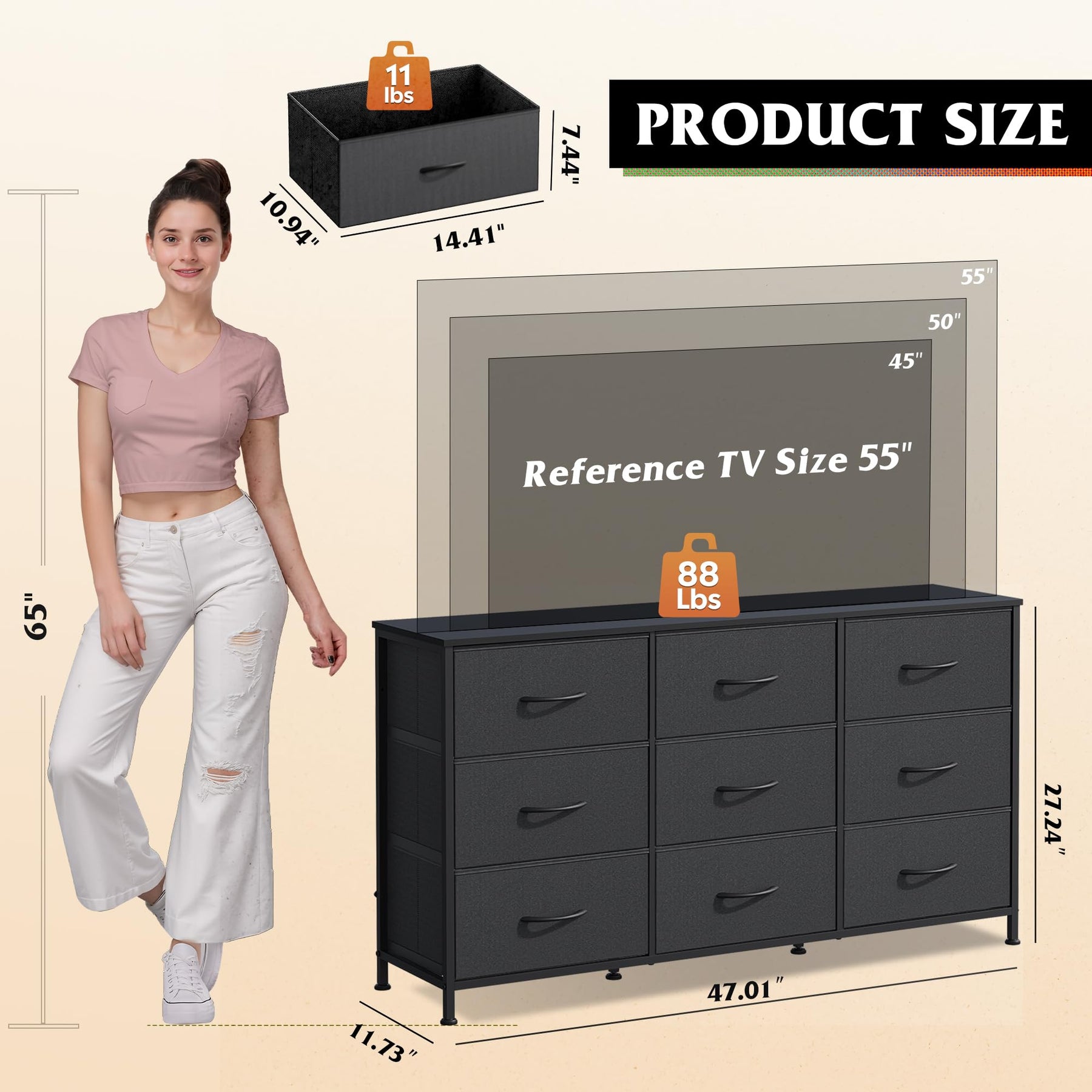 WLIVE Dresser TV Stand for 75 Inch TV, 9 Drawer Dresser for Bedroom, Black