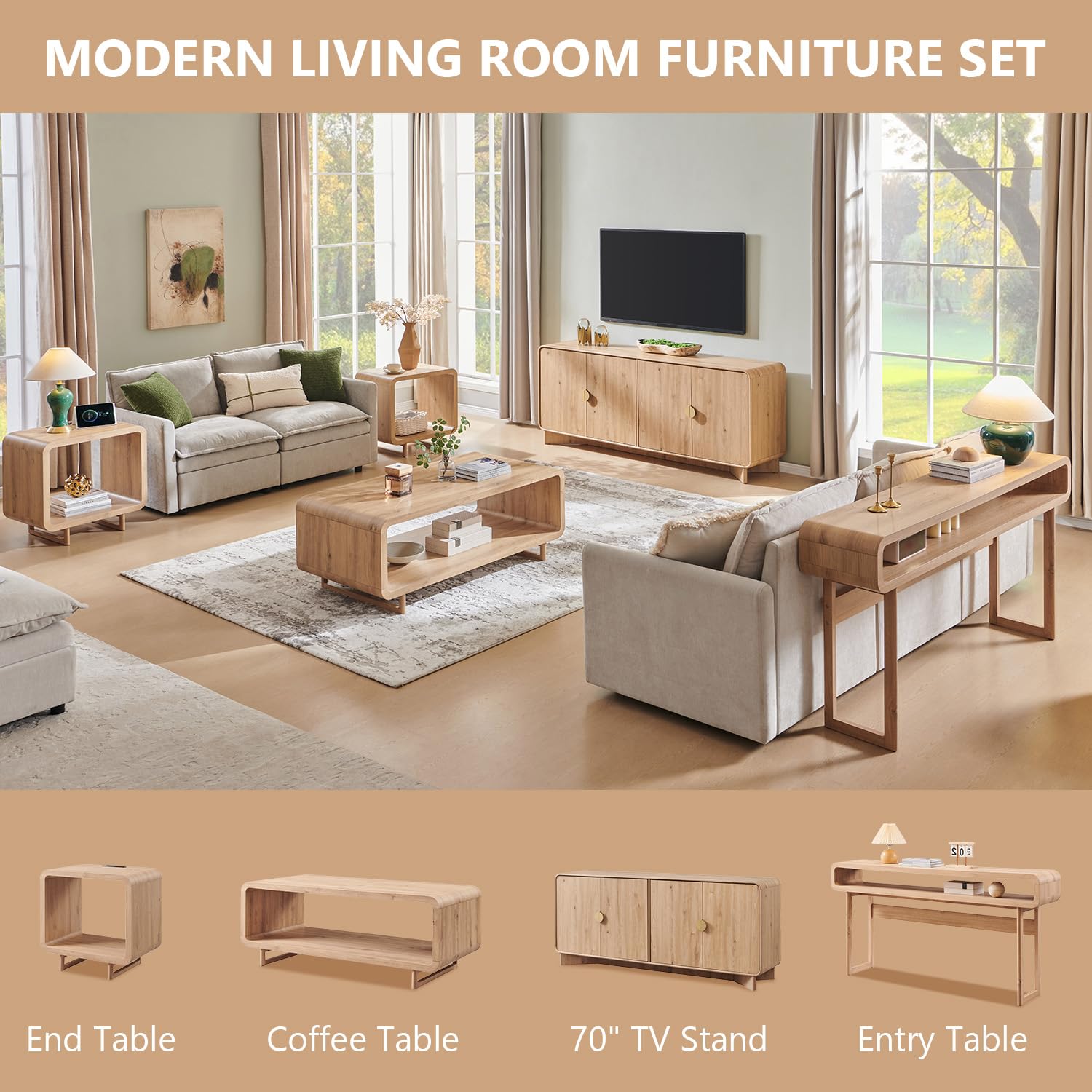 IFGET 70" Modern TV Stand with Storage, Wood Curved TV Console, Natural Oak