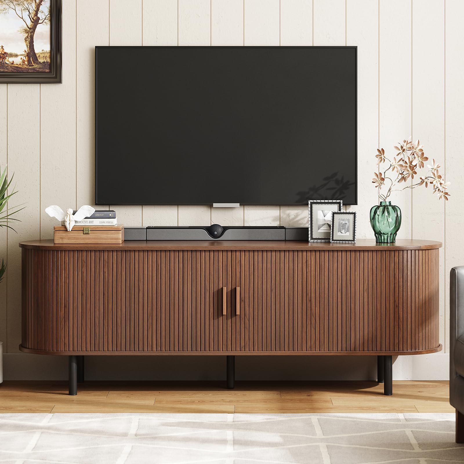 ONBRILL 70.8" TV Stand with Power Outlet for TVs up to 75 Inch, Entertainment Center with Storage and Adjustable Shelves, Modern Media Console with Sliding Doors for Living Room, Walnut