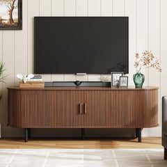 ONBRILL 70.8" TV Stand with Power Outlet for TVs up to 75 Inch, Entertainment Center with Storage and Adjustable Shelves, Modern Media Console with Sliding Doors for Living Room, Walnut
