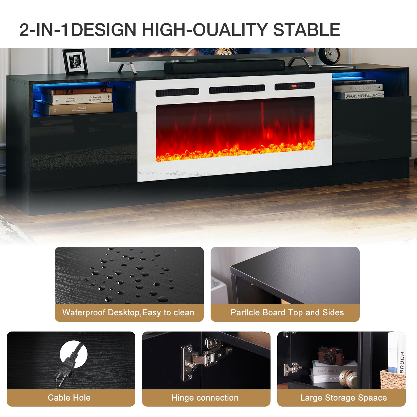 oneinmil Fireplace TV Stand with 36" Electric Fireplace, LED Light Entertainment Center, Modern Wood Texture Entertainment Stand with Highlight Storage Cabinet for TVs Up to 80", 70 inches, Black