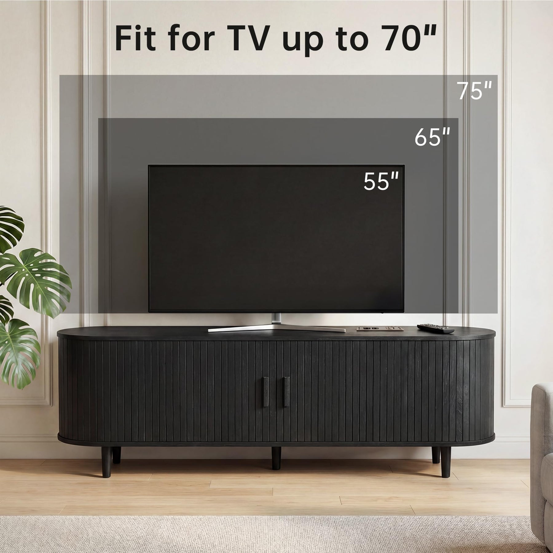OneBlis 70" Mid Century Modern TV Stand, Wood TV Consoles with Sliding Doors and Power Outlet, Entertainment Center with Adjustable Shelves, Fluted TV Stands for Living Room, Walnut